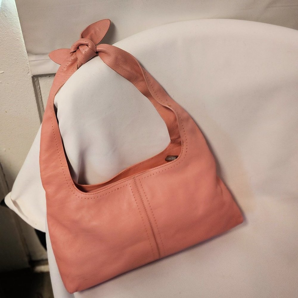 Furla Handbag in Blush Pink with Unique Tie Top and Punched Hole Accents